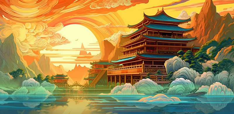 黄色天空夕阳风景湖面建筑插画,插画/手绘图,插画/手绘图库,插画/手绘图下载,插画/手绘